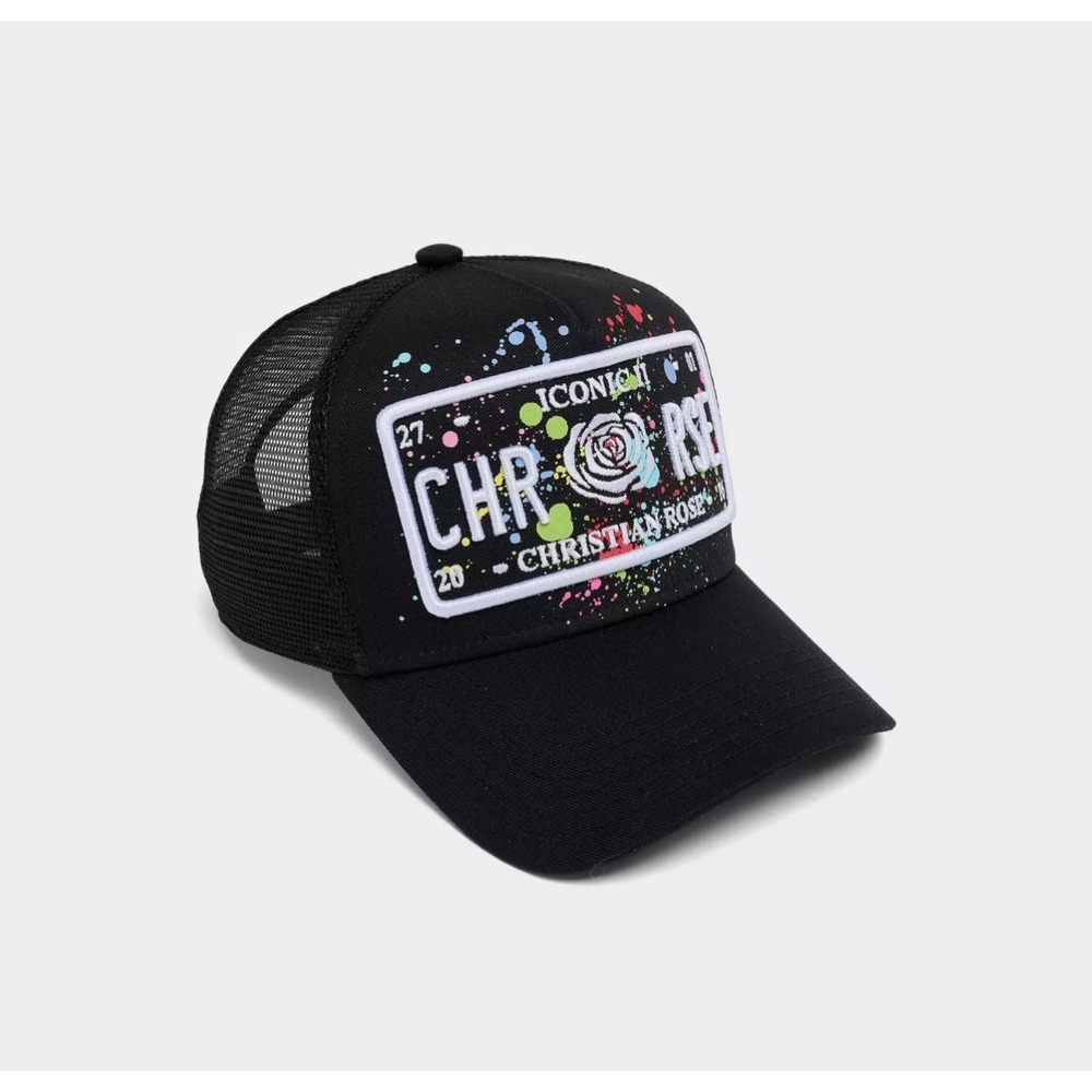 Christian Rose Trucker Hat Mens London Iconic II Paint Splatter Mesh Cap NEW